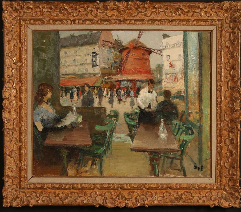 MARCEL DYF (1899 - 1985) OIL ON CANVAS PARIS CAFE SCENE: A street scene near Moulin Rouge, oil on canvas, signed lower right, canvas measures 22 x 27 inches, frame measures 32.5 x 37.5 inches.