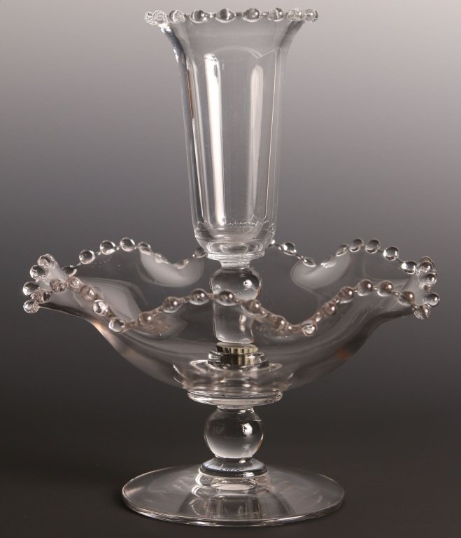 11 INCH IMPERIAL CANDLEWICK EPERGNE: With fluted and beaded bowl rim and beaded rim on the vase, 400/196, measures 11 x 8.5 inches.