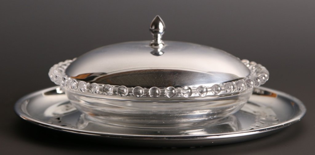 IMPERIAL CANDLEWICK CANDY BOX W SILVER UNDERPLATE: Candlewick candy box with silvertone lid and underplate by Faberware, 400/259, measures 3.5 x 6.5 inches, under tray measures 9 inches in diameter.