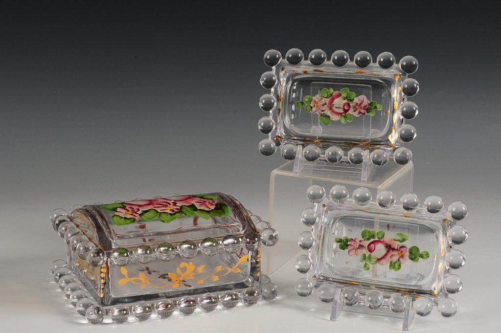 IMPERIAL CANDLEWICK CHARLTON PAINTED COVERED BOX & TWO: 400/134/6, covered box measures 2.5 x 5.25 x 4 inches, and two ashtrays measure 4.5 x 3 inches.