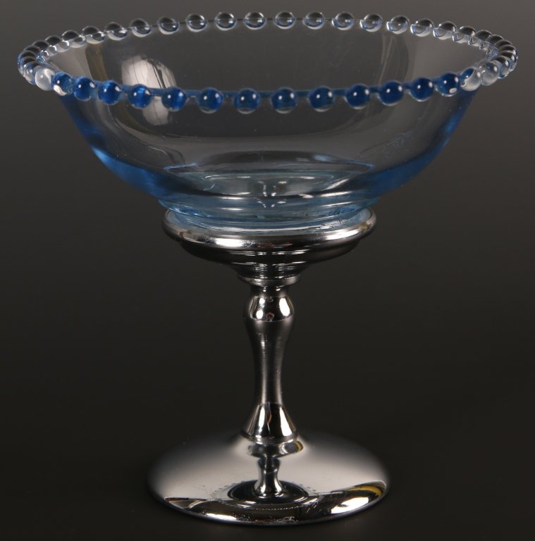 IMPERIAL CANDLEWICK VIENNESE BLUE BELLED NAPPY WITH: 400/40B, tall stemmed silver base marked 'Continental Silver Co. Inc.,' circa 1937-1938, measures 5 x 5.5 inches.