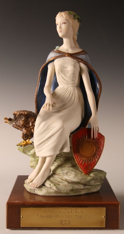 1967 CYBIS PORCELAIN 'COLUMBIA' FIGURE, LIMITED EDITION: Limited edition, signed, numbered #1806 and dated 1967 on the back, on a wooden base with an etched brass plate, measures 15 inches.