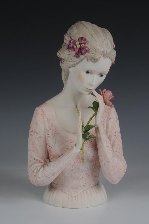 RARE CYBIS PORCELAIN 'JULIET' BUST, LIMITED EDITION: Rare Limited edition, signed on the back, low edition number #19, pink ribbon in her hair and a closed rose bud, no base, measures 12 inches.