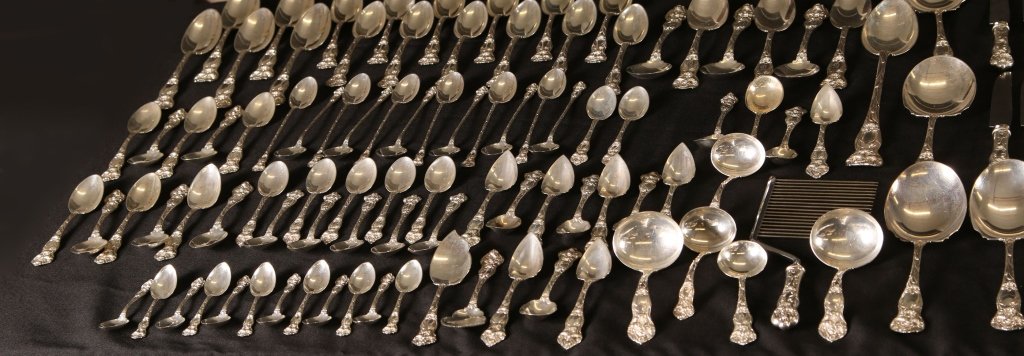 247 PCS. WATSON CO. LILY PATTERN STERLING SERVICE: Lot consists of: 12 place spoons, measure 7 inches, weigh 21.55 ozt.; 12 salad forks, 6 inches, 11.5 ozt.; 12 dinner knives, 9.5 inches, all are monogrammed; 12 luncheon knives, 8.75 inches; 12 five o