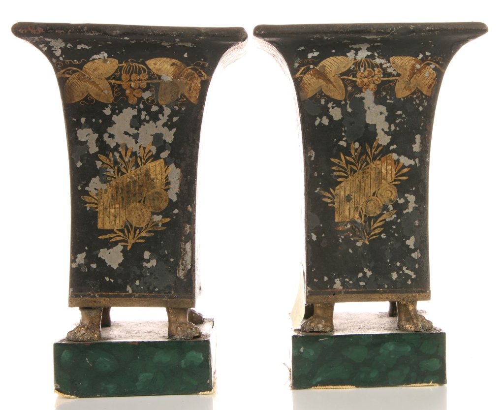 PAIR 19TH CENTURY FRENCH TOLE VASES: With paw feet and green faux marble base repaint. The upper portion is the original paint. A pair that measure 9 x 5.5 inches each.