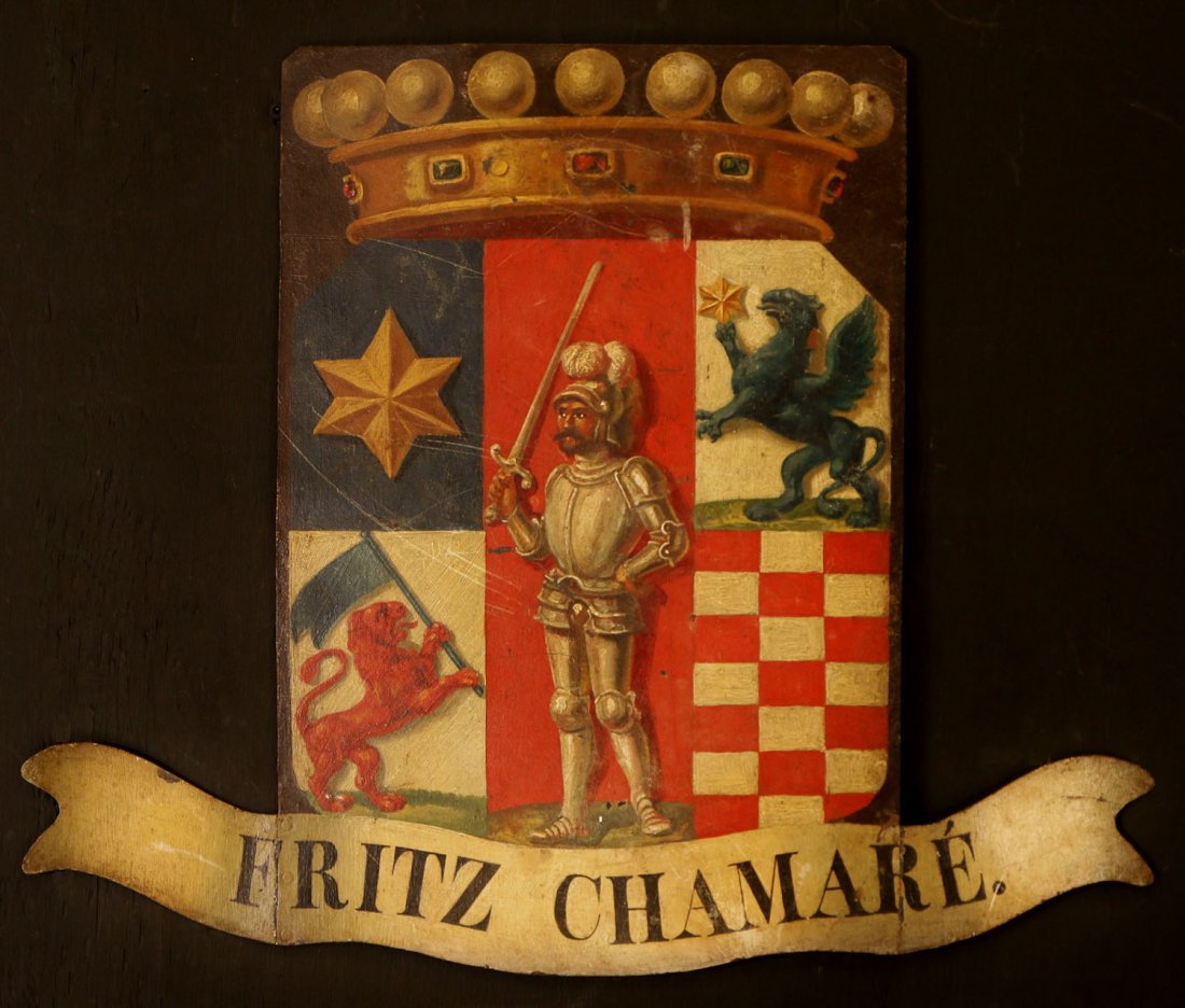 FRENCH TOLE PAINTED SIGN DATED 1857: Period date and inscription on the reverse. Measures 18.75 x 23 inches.