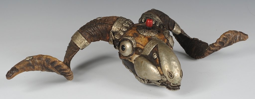 BUDDHIST TIBETAN NEPALESE KAPALA WITH METAL MOUNTS: Measures approximately 10 x 20 inches span of the horns.