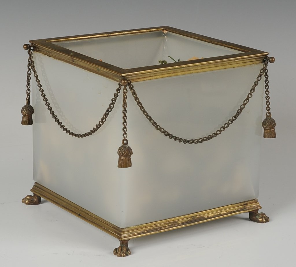 FRENCH BRONZE MOUNTED OPALINE JARDINIÃˆRE: With paw feet and tassels at each corner. Measures 6.25 x 6.25 x 6.25 inches.