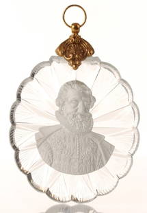 19TH C. SULPHIDE CAMEO PLAQUE OF KING HENRY IV: Circa 1820 incrusted portrait of King Henry IV of France after the medal by Guillaume Dupre, signed 'Desprez Rue des Recolets No. 2 Ã Paris' on the back of the cameo, measures 5 x 4 inches.
