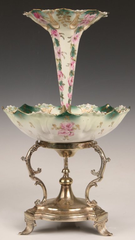 VERY RARE RS PRUSSIA PORCELAIN AND SILVER EPERGNE: An unmarked RS Prussia porcelain rounded bowl with blown out florals and beaded folds between large petal shape lobes decorated with pink roses running alternatively with decoration of gold foliate de