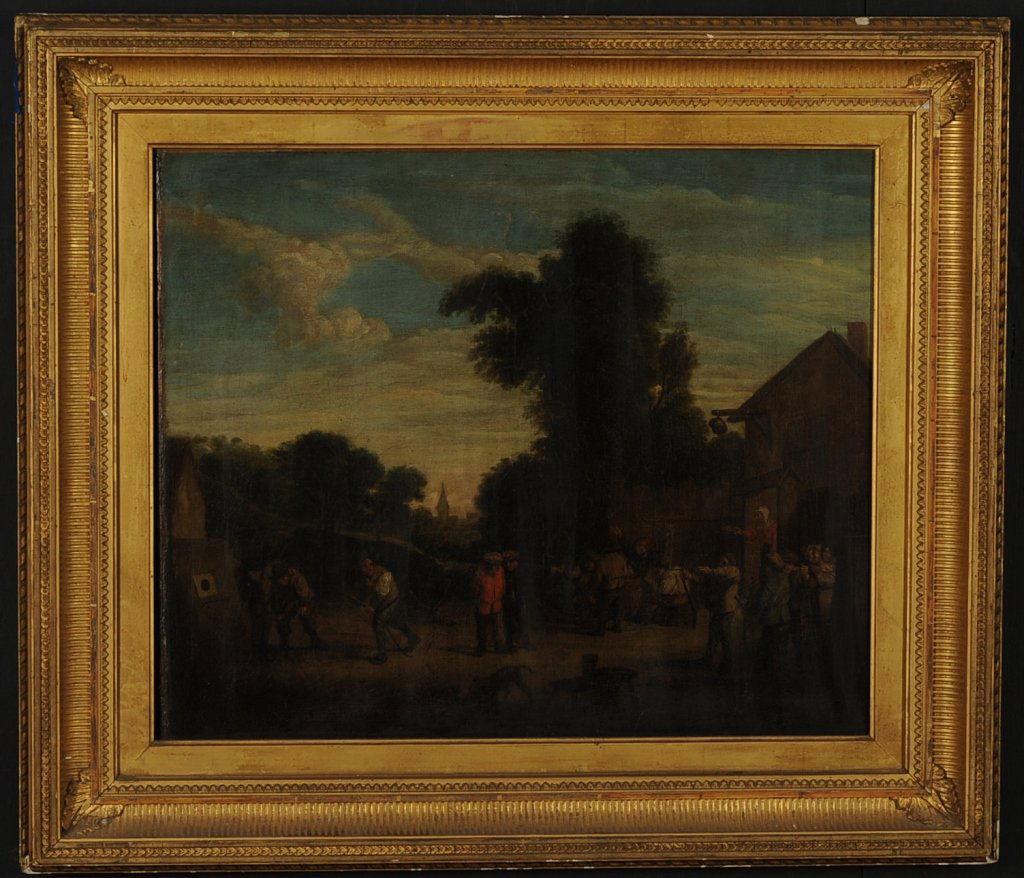 18TH C. DUTCH SCHOOL GENRE SCENE OIL ON CANVAS: Unsigned. Canvas measures 18.75 x 22.75 inches, frame measures 26.5 x 30.5 inches.