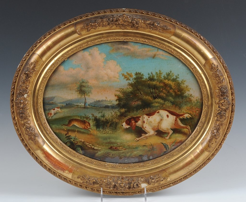 REVERSE ON CONVEX GLASS HUNTING SCENE CHROMOLITHOGRAPH: Measures 16 x 19 inches overall.