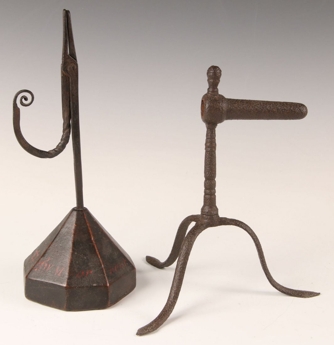 FORGED IRON RUSH LIGHT HOLDER AND OTHER EARLY LIGHTING: Included two pieces, with one slightly taller that measures 10 x 4 inches, and the other measures 8 x 7 inches.