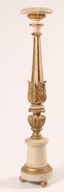 EARLY 20TH C. CARVED AND GESSOED ALTAR STICK: Original cream and gold paint. Measures 33.5 x 6 inches.