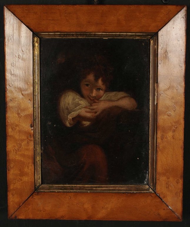 19TH C. BRITISH SCHOOL OIL PANEL IMAGE OF A CHILD: Early 19th century, unsigned, panel measures 6.5 x 4.75 inches, original Birdseye Maple frame measures 9.5 x 7.75 inches.