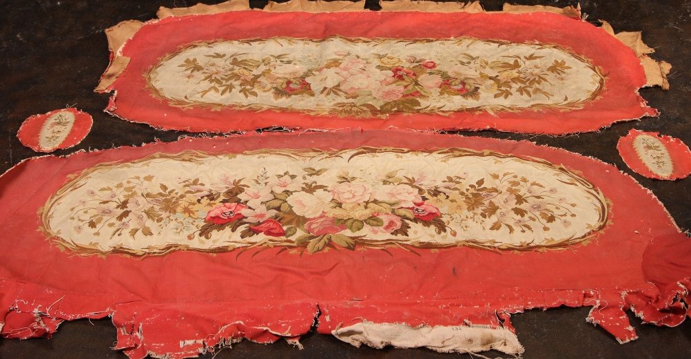 TWO 19TH CENTURY FRENCH AUBUSSON SEAT AND BACK PANELS: Two pieces with basic finished area of 66 X 29 and 63 x 30 inches.