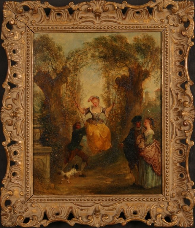 ATTRIBUTED HENRY ANDREWS (English School, 1794-1868): An unsigned French Garden Scene with Lovers and a small Dog painted on panel. The panel measures 13.5 x 11 inches, 18 x 15 inches overall. The panel is cradled and has had stabilization added.