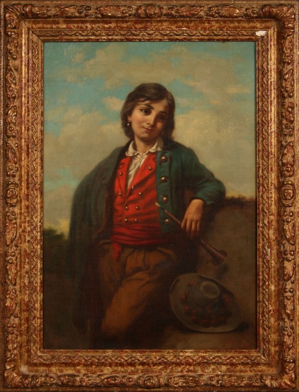 LEON VUILLEMOINOT ERPIKUM (French School, active: Signed lower right, date of 1872, Gypsy Boy with Horn oil on canvas measures 16 x 11 inches, 19.75 x 15 inches overall.