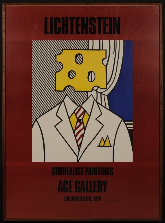 1978 ROY LICHTENSTEIN (1923-1997) AUTOGRAPHED EXHIBIT: Surrealist Paintings Ace Gallery; Los Angeles Feb. 1978', sight size 59.5 x 43.5 inches, frame measures 61.25 x 45 inches. Signed in felt tip pen.