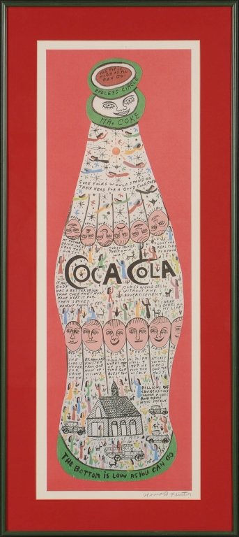 HOWARD FINSTER (1916-2001) MR. COKE SERIGRAPH: Pencil signed lower left, image size 24.75 x 8 inches, frame measures 30.25 x 13.5 inches. Howard Finster was a minister for the majority of his adult life. He took up art at the age of 60 and in 1996