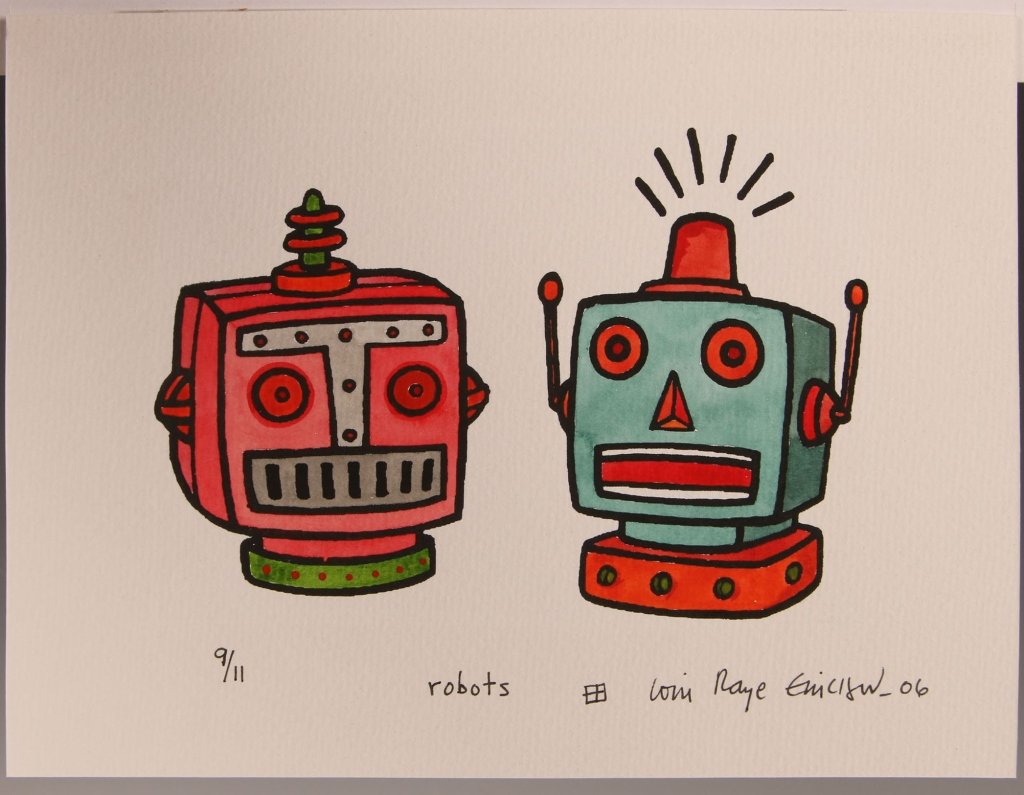 LORI RAYE ERICKSON SIGNED SERIGRAPH: Titled 'Robots' lower center, edition 9/11, signed and dated 2006 lower right, sheet measures 7 x 9.25 inches, frame measures 9 x 11 inches.