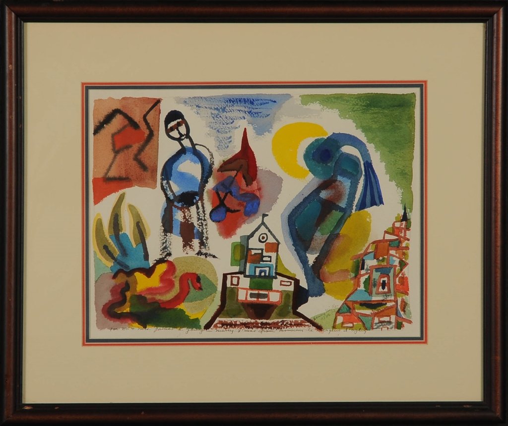 HENRY VALENTINE MILLER (1891-1980) WATERCOLOR ON PAPER: Dedicated lower center, signed lower right, dated November 1956, sight size inches, frame measures 11 x 14.5 inches, frame measures 19 x 22.5 inches. Miller was a major American novelist who hand many