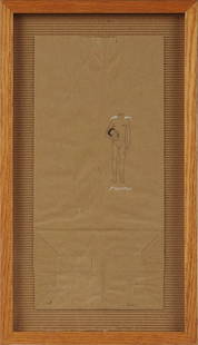 PEREGRINE HONIG INK WASH ON BROWN PAPER BAG: Pen and ink sketch with gouache on a brown paper sack, numbered lower left, initials with date of 2001 lower right, sack measures 10.75 x 5 inches, frame measures 13.5 x 8 inches.