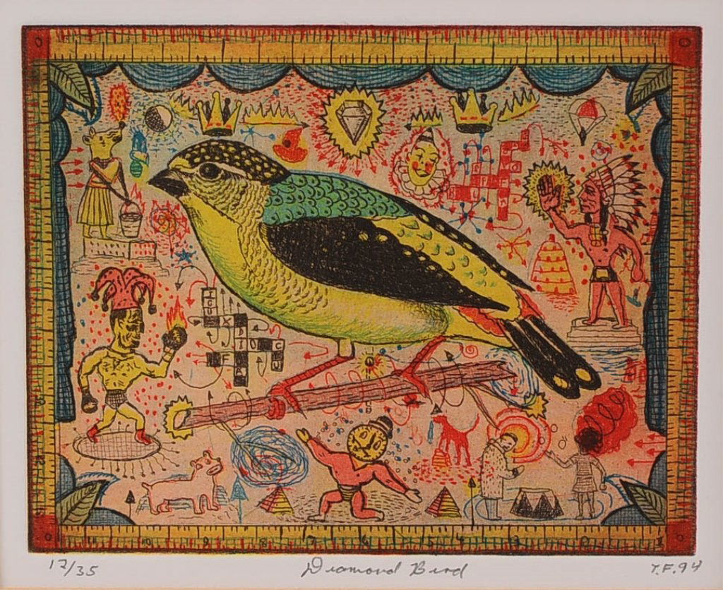 TONY FITZPATRICK (b. 1958) SIGNED COLOR ETCHING: Titled 'Diamond Bird' lower center, edition 12/35 lower left, initialed and dated 1994 lower right, plate size 3.75 x 4.75 inches, frame measures 13.5 x 14 inches. Tony Fitzpatrick is a colorful and w