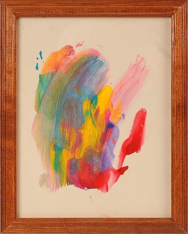 FINGER PAINTINGS BY WESTERN LOWLAND GORILLA 'KING': King is a Western Lowland Gorilla at Monkey Jungle in Miami, Florida. Paints on paper medium, sheet sizes of 8.5 x 11 inches, one framed measures 12.5 x 9.75 inches.