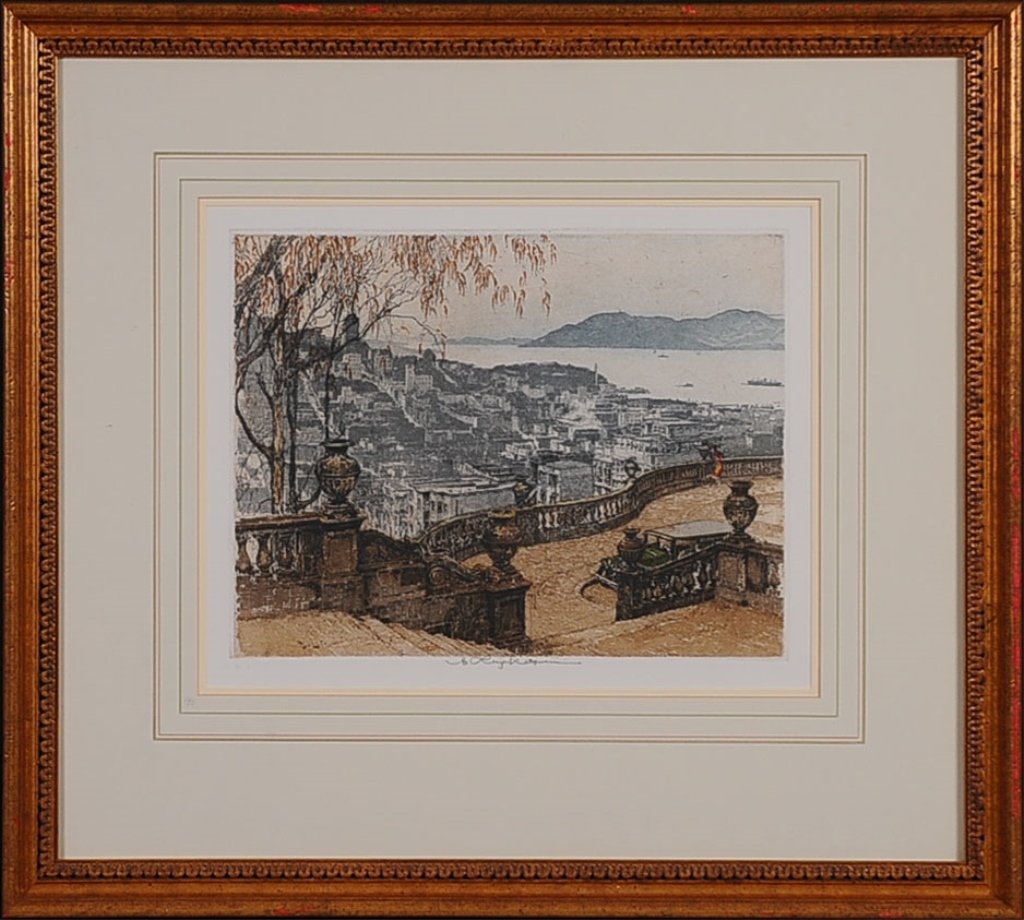 LUIGI KASIMIR (1881-1962) PENCIL SIGNED COLOR ETCHING: A view San Francisco Bay from Telegraph Hill. Estate signed lower center, plate size 10 x 13 inches, frame measures 21.5 x 24 inches.