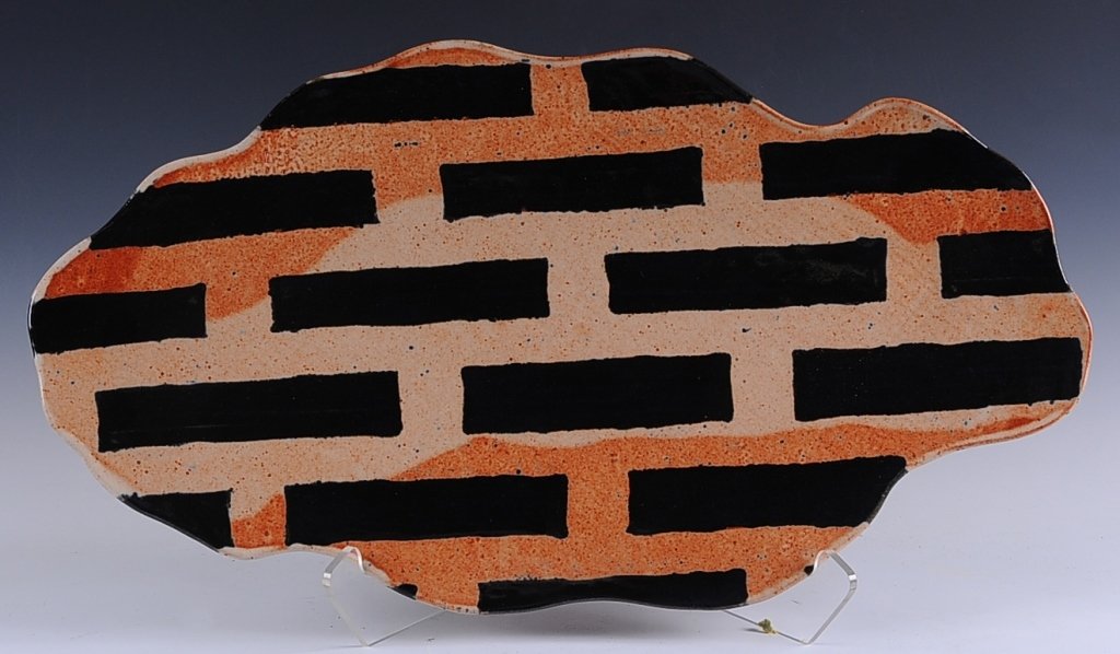 PETER WILKIN FREE-FORM STUDIO POTTERY SLAB: Initialed 'PW' on the base, measures 27.25 x 14.5 inches.