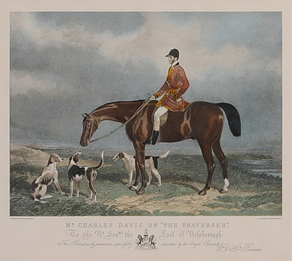 TWO HAND-COLORED PRINTS: W. & H. Barroud fox hunt engraving titled 'Mr. Charles Davis On The Traverser', engraved by Edward Hacker, plate size 14 x 19 inches, frame measures 26.5 x 28.5 inches. Plus a Robert Abbett (1926- ) h