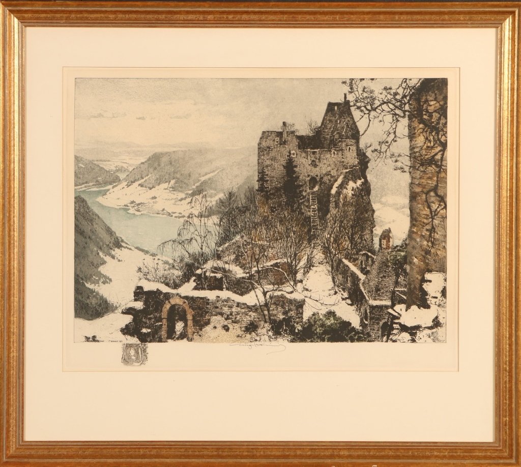 LUIGI KASIMIR (1881-1962) PENCIL SIGNED COLOR ETCHING: Titled 'Aggstein Castle and Danube', Ink stamped in the lower left corner, artist signed Luigi Kasimir lower center margin, and Janner 1915 in the lower left corner of the etching. Sight size measures