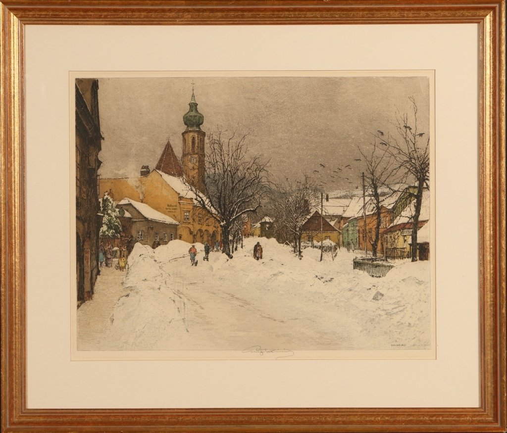LUIGI KASIMIR (1881-1962) PENCIL SIGNED COLOR ETCHING: Titled 'Grinzing', dated February 1940, pencil signed be the artist. Sight size measures 18.25 x 23.25 inches with an overall framed size of 27.75 x 32 inches.