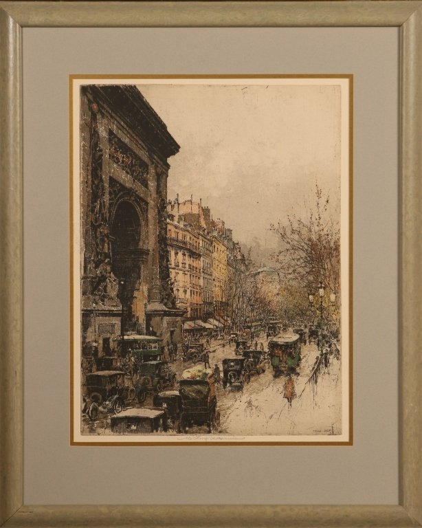 LUIGI KASIMIR (1881-1962) PENCIL SIGNED COLOR ETCHING: Titled 'Port St. Denis, Paris' 1924, estate signed etching. Sight size measures 21.75 x 16.5 inches with an overall framed measurement of 32 x 25.75 inches.