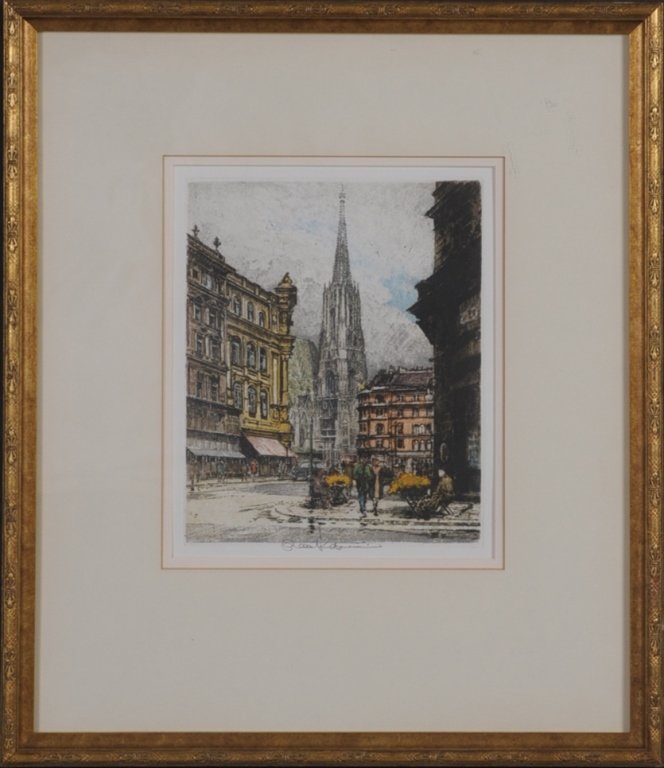LUIGI KASIMIR (1881-1962) PENCIL SIGNED ETCHING: Pencil signed etching by Luigi Kasimir, plus another formed work. The smaller has a sight size through the mat of 8.5 x 6.25 inches with a framed measurement of 14.75 x 12 inches and Kasimir sight siz