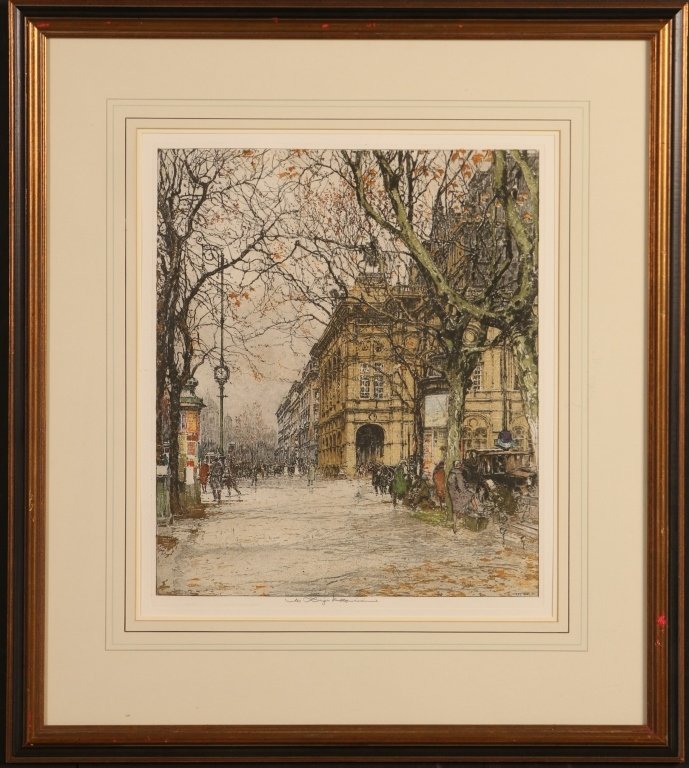 LUIGI KASIMIR (1881-1962) PENCIL SIGNED COLOR ETCHING: Titled 'Opera House Vienna', estate signed center lower margin of the etching. Sight size measures 19.5 x 16.5 with an overall framed size of 30.5 x 27 inches.