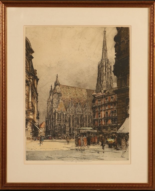 LUIGI KASIMIR (1881-1962) PENCIL SIGNED COLOR ETCHING: St. Stephans Von Grabenplatz - Vienna with the date of April 1928, estate signed lower middle margin of the etching. Sight size measures 20.5 x 16 inches with an overall framed measurement of 28 x 23 
