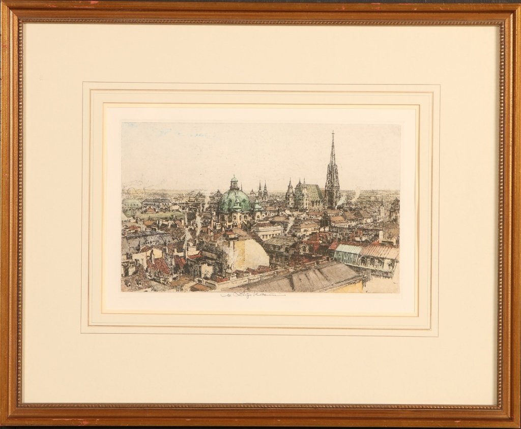 LUIGI KASIMIR (1881-1962) PENCIL SIGNED COLOR ETCHING: Titled 'Vienna General Vien', estate signed lower center margin. Sight size measures 9.25 x 14 inches with an overall framed measurement of 19.25 x 23.25 inches.