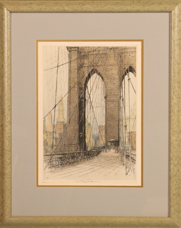 LUIGI KASIMIR (1881-1962) BROOKLYN BRIDGE PENCIL SIGNED: Estate signed with the sight size measuring 18 x 12.50 inches with an overall framed measurement of 29 x 23 inches.