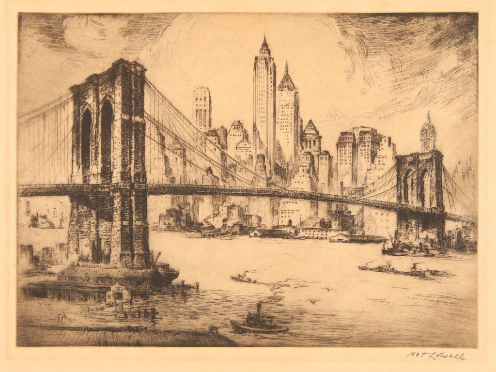 NAT LOWELL (1880-1956) BROOKLYN BRIDGE DRYPOINT ETCHING: Pencil signed lower right, circa 1937, initially distributed by Associated American Artists. Plate size 9.25 x 12.75, frame measures 18 x 21 inches.