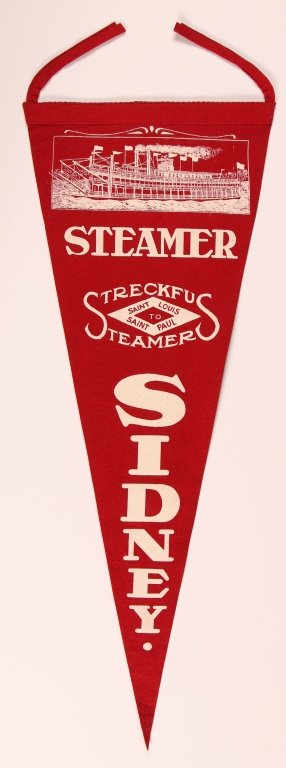 STRECKFUS STEAMER 'SIDNEY' FELT PENNANT: A felt advertising pennant in mint condition. Streckfus Steamers operated on the Mississippi River throughout the 1920s and 1930s. The SIdney was and excursion steamer that offered passengers food and