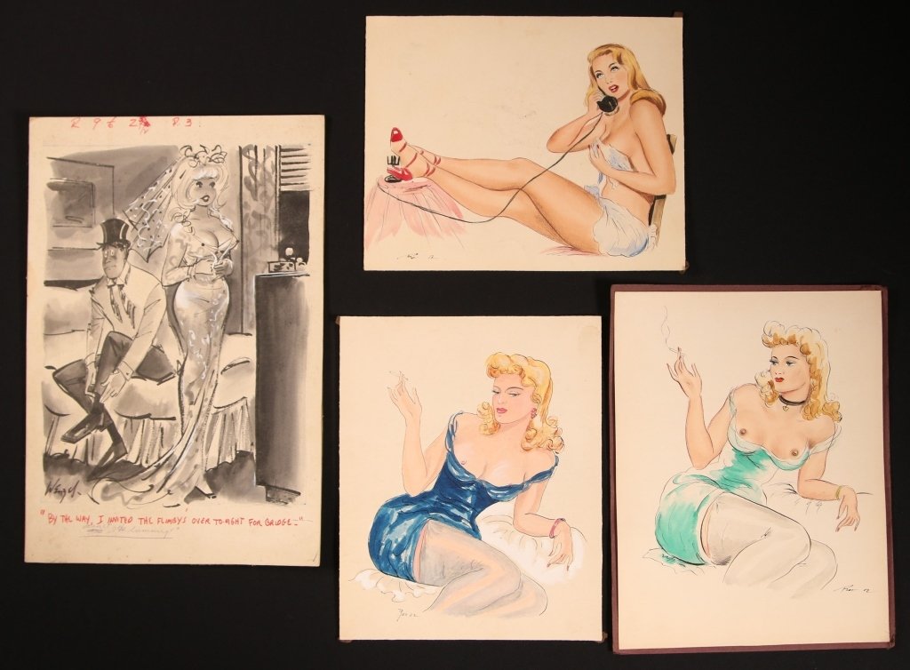 FOUR ORIGINAL PIN-UP GIRL ILLUSTRATIONS: Including a monochrome pin up girl humor original cartoon illustration and three ink wash watercolor original illustrations. Group ranging in size from 8.5 x 10.75 inches, up to 15 x 10 inches.
