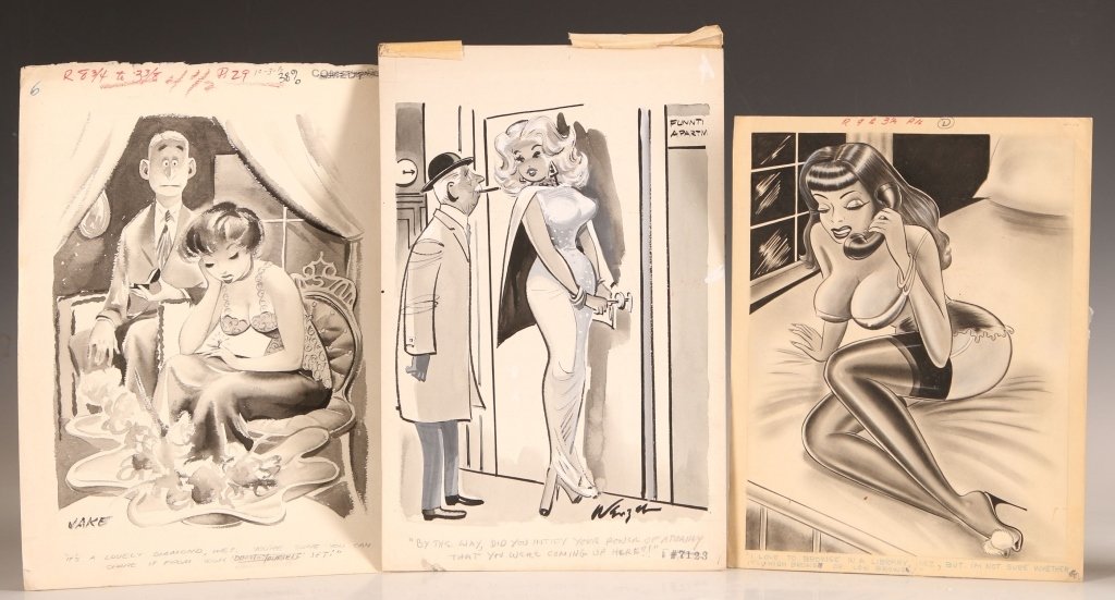 JACK COLE ORIGINAL PINUP HUMOR ILLUSTRATION: Three monochrome original illustrations in watercolor, gouache and airbrush technique. The artist attributions from left to right are Jack Cole, Bill Wenzel and Paul Hamilton. Signed lower front and a