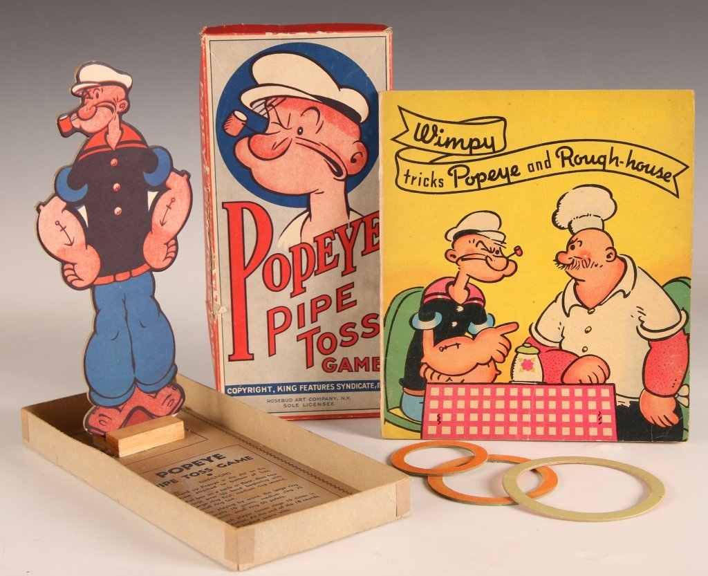 CIRCA 1930s POPEYE GAME WITH 1937 SEGAR ILLUST BOOK: A 1935 Popeye Pipe Toss Game intact and in its original box. Plus a rare 1937 book titled Wimpy tricks Popeye and Rough-house, illustrated by E.C.Segar, the creator of the Popeye comic strip. The inte