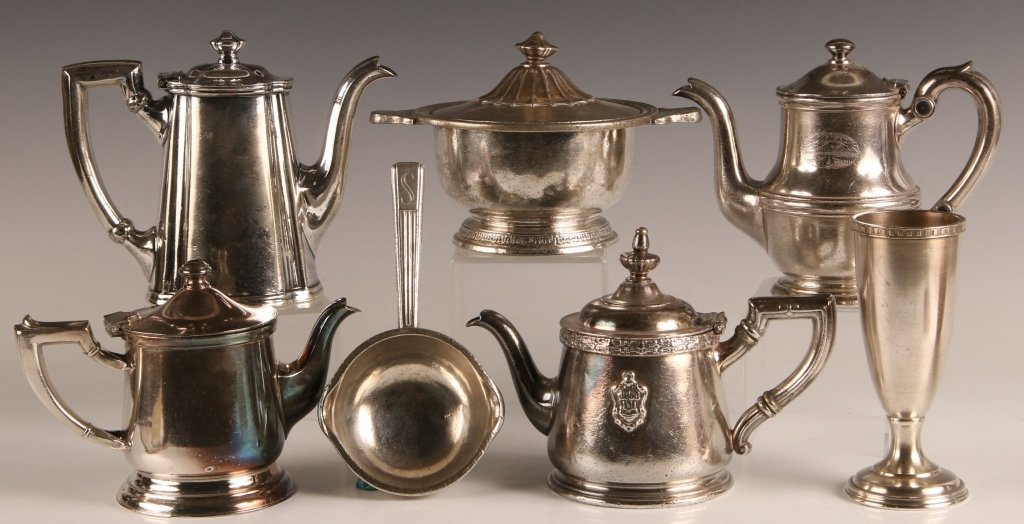 LOT OF VINTAGE HOTEL SILVER HOLLOW WARE: Including Robert Driscoll hotel, Los Angeles Biltmore, New York City lines, the Monte Vista Flagstaff, the Alba, Hotel Statler, Governor Clinton New York base measures 5 inches high. Others range from