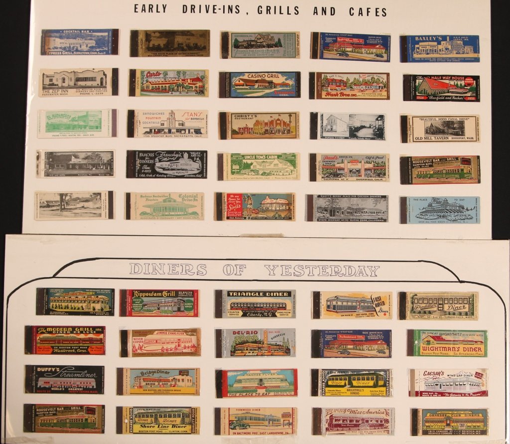 DINER, TAVERN, RESTAURANT MATCH BOOK COVERS: A collection of 45 vintage full length match book covers advertising destinations such as Uncle Tom's Cabin, Boulevard Tavern, Roosevelt Bar and Grill, Yankee Flyer and Triangle Diner. Each is mounted