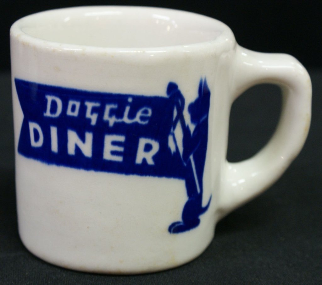 COLLECTION OF VINTAGE RESTAURANT COFFEE MUGS: Including Fire King brand glass mugs and china mugs from classic bygone restaurants. Group ranging in size from 2.5 x 4.5 inches, up to 3.75 x 5.25 inches.