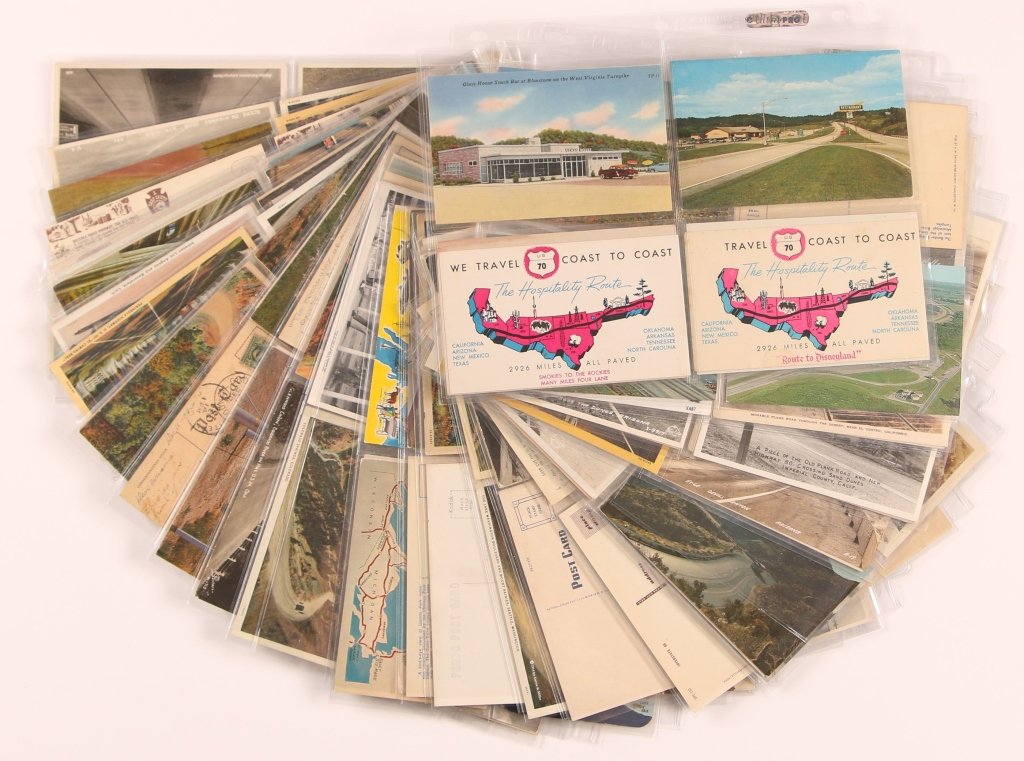 173 VINTAGE ROAD TRIP RELATED POST CARDS: 173 vintage post cards of highways, bridges, turnpikes and roadside diners.
