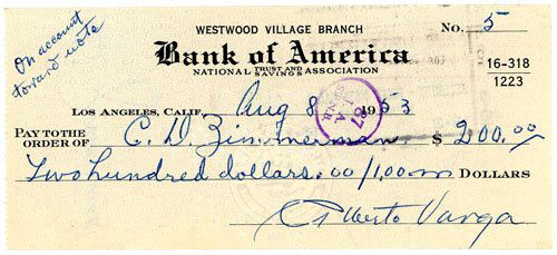 ALBERTO VARGAS (1896-1982) SIGNED CHECK: A Bank of America check to C.D. Zimmerman for $200 dollars, check no. 5, dated Aug. 8 1953, memo in upper left states 'On account toward note', measures 2.75 x 6 inches.